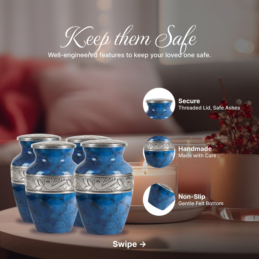 Blue Patch & Silver Engraved Cremation Urn