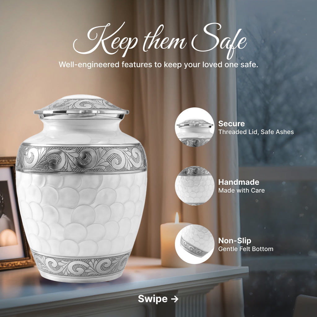 White Patch & Silver Hand-Engraved Cremation Urn