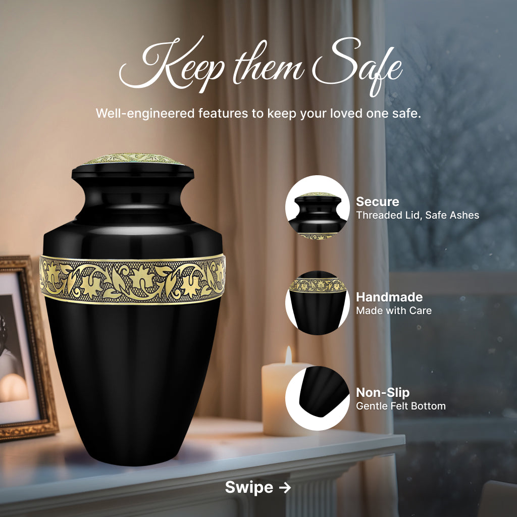 Black & Gold Engraved Grecian Cremation Urn