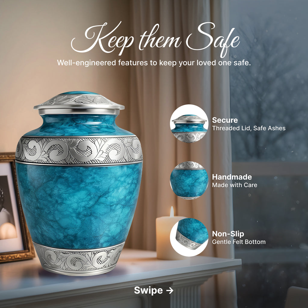 Blue Teal Marble & Silver Hand-Engraved Cremation Urn