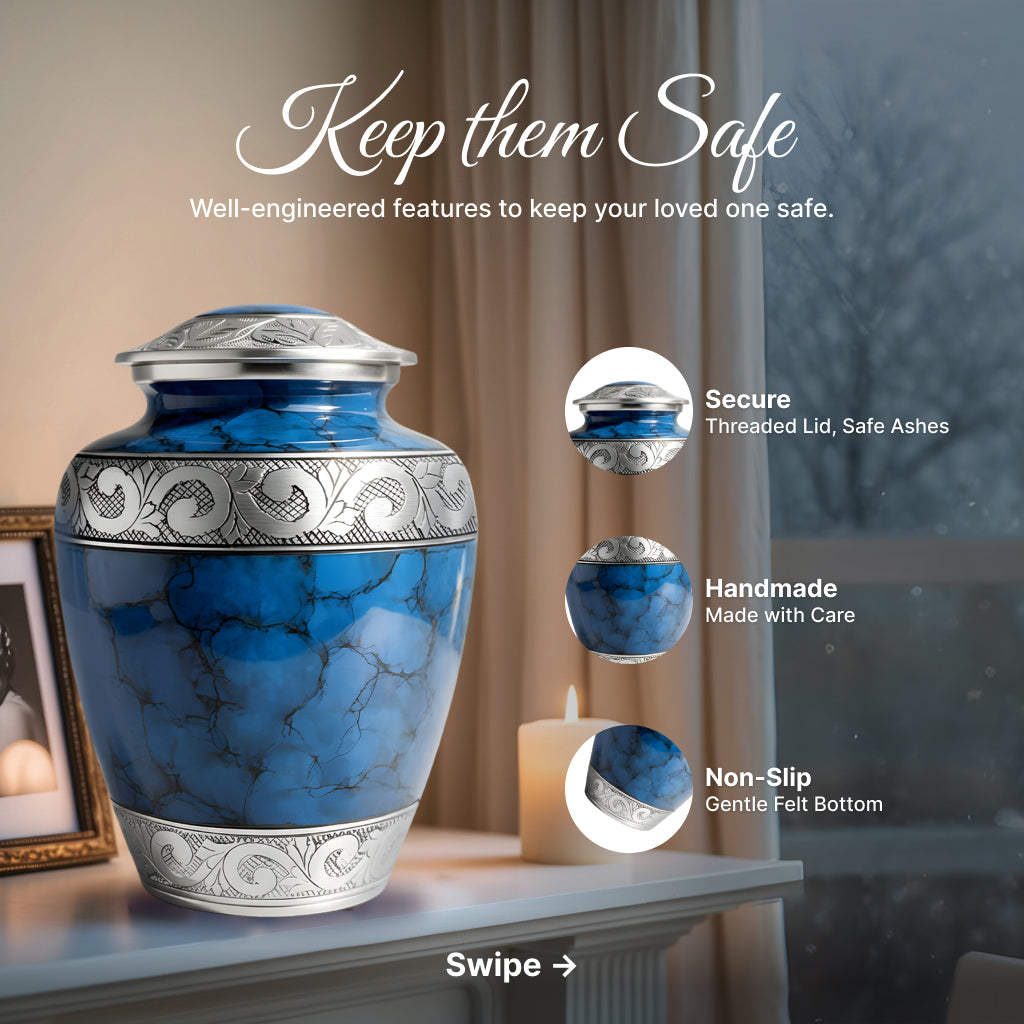 Blue Patch & Silver Engraved Cremation Urn