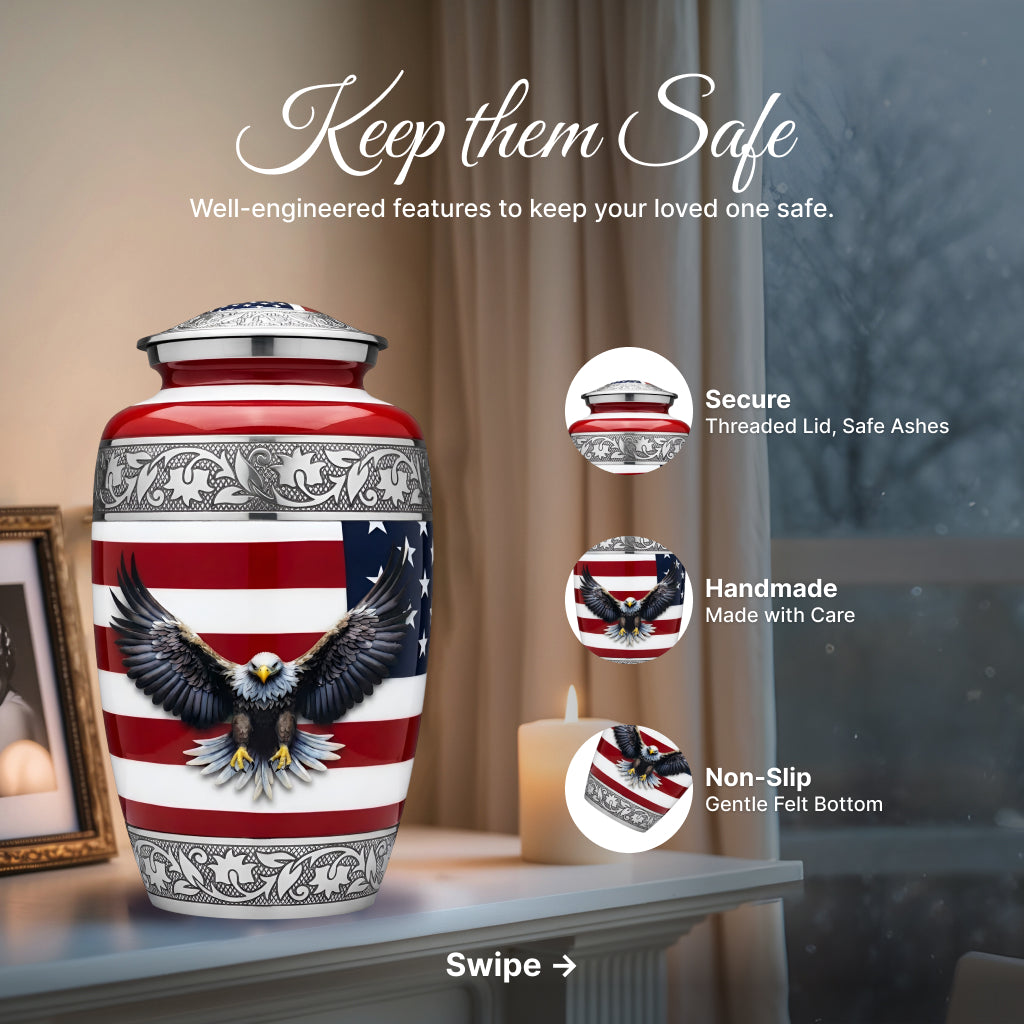 American Flag & Silver Engraved Cremation Urn