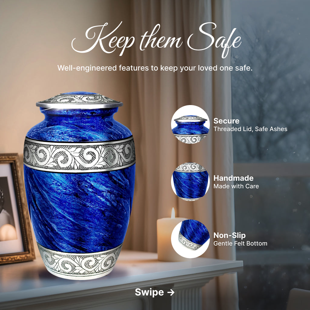 Eternal Blue & Silver Hand-Engraved Cremation Urn