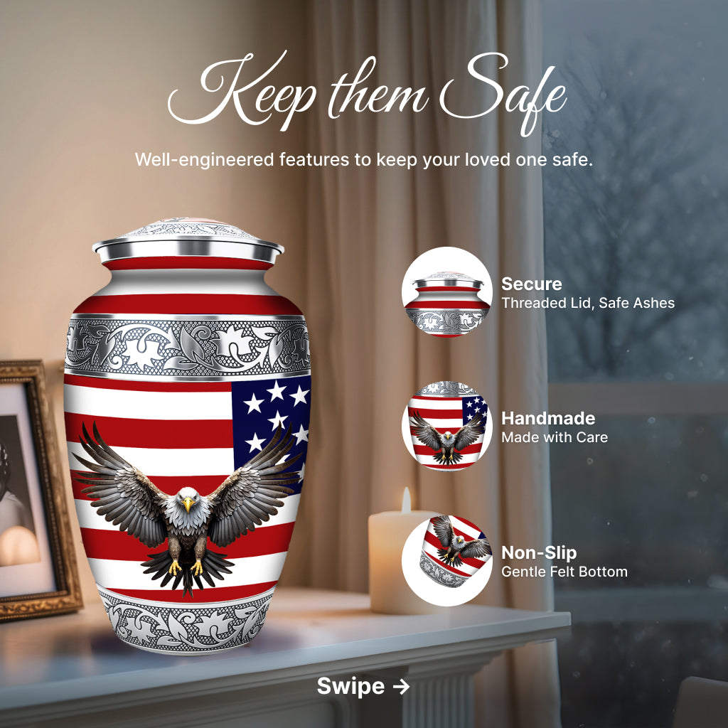American Flag & Silver Engraved Cremation Urn