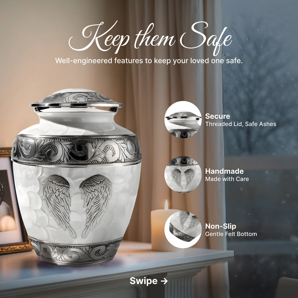 White Patch & Silver Hand-Engraved Cremation Urn