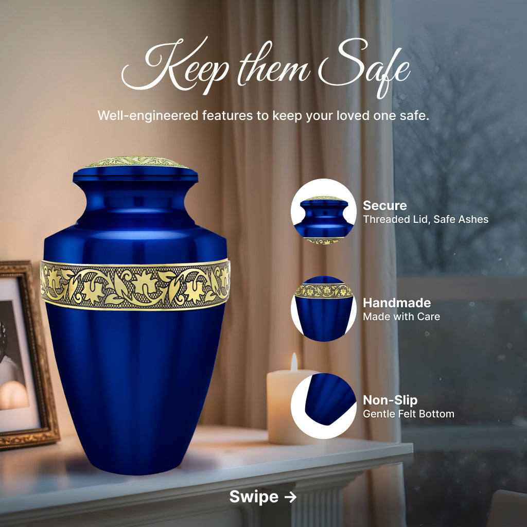 Blue & Gold Engraved Grecian Cremation Urn