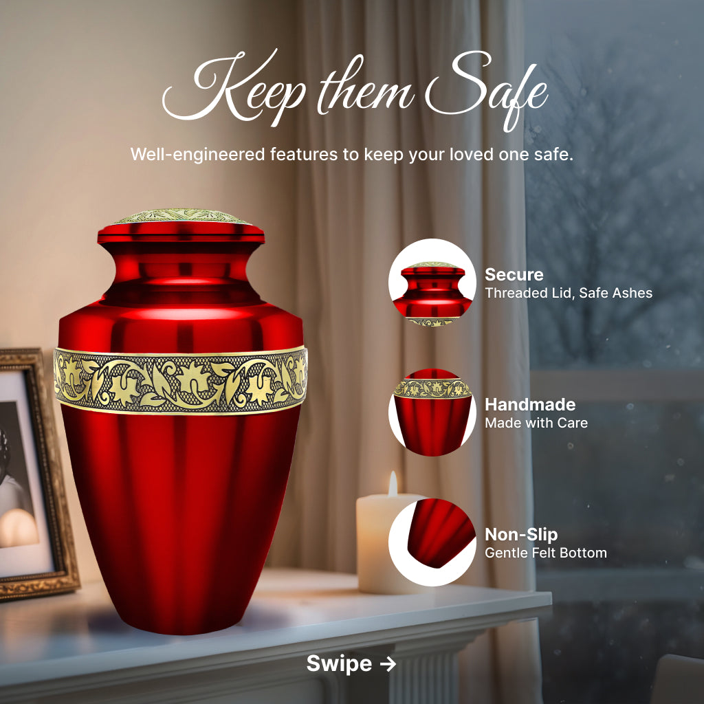 Red & Gold Engraved Grecian Cremation Urn