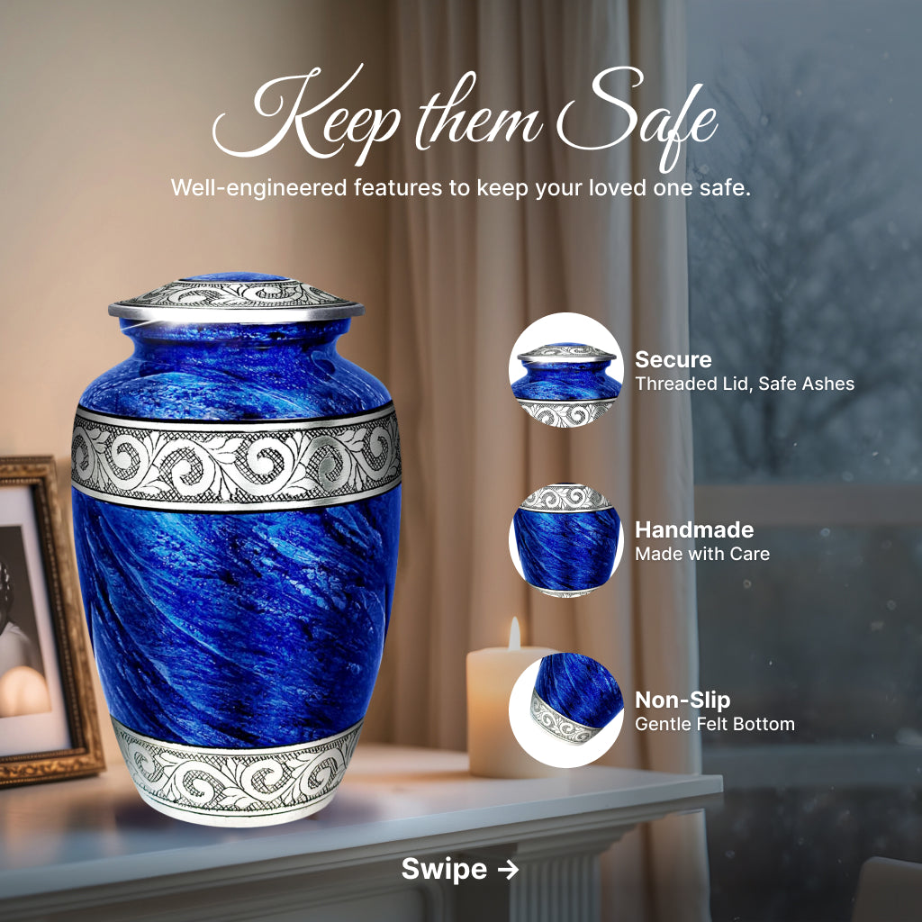 Eternal Blue & Silver Hand-Engraved Cremation Urn