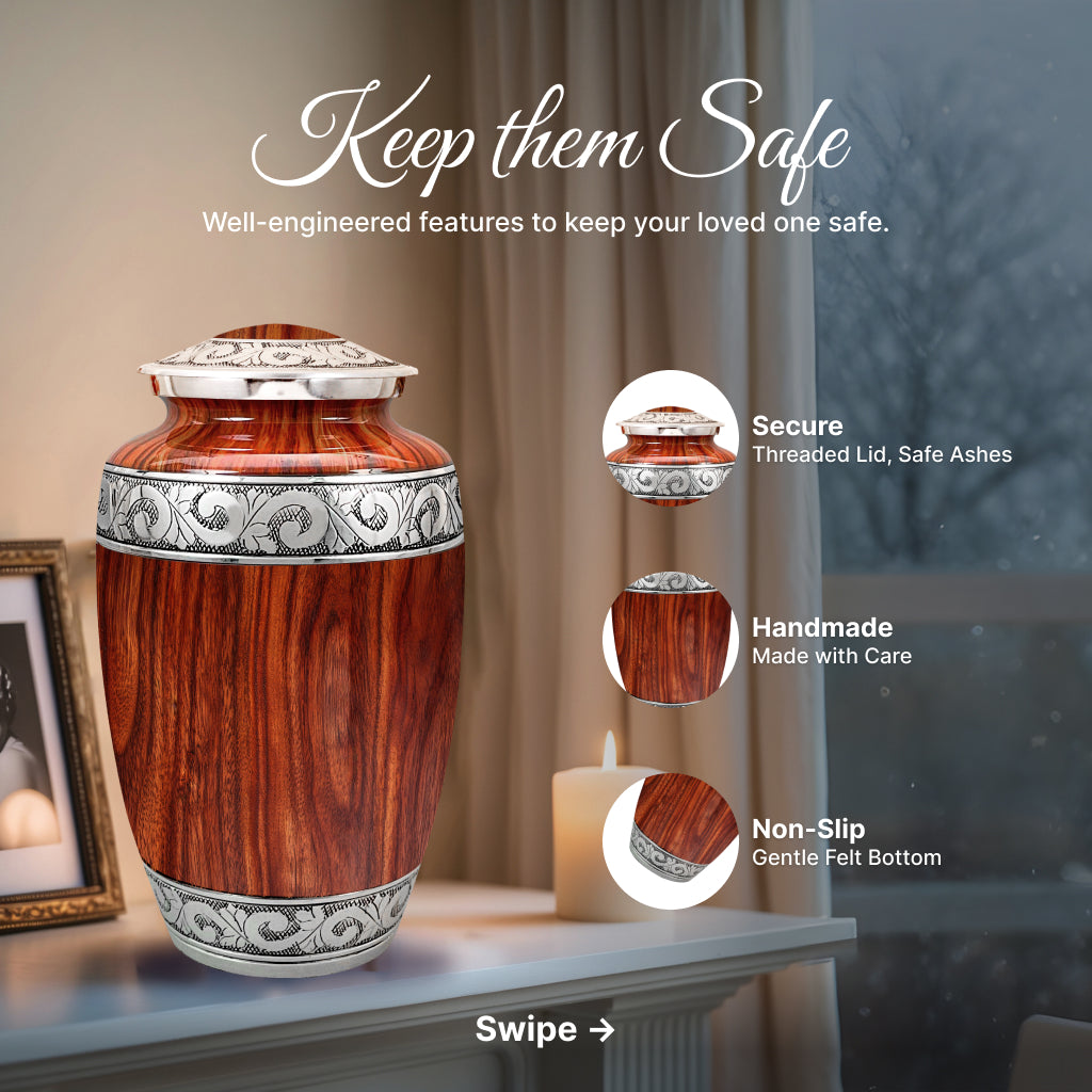 Printed Wood & Silver Hand-Engraved Cremation Urn