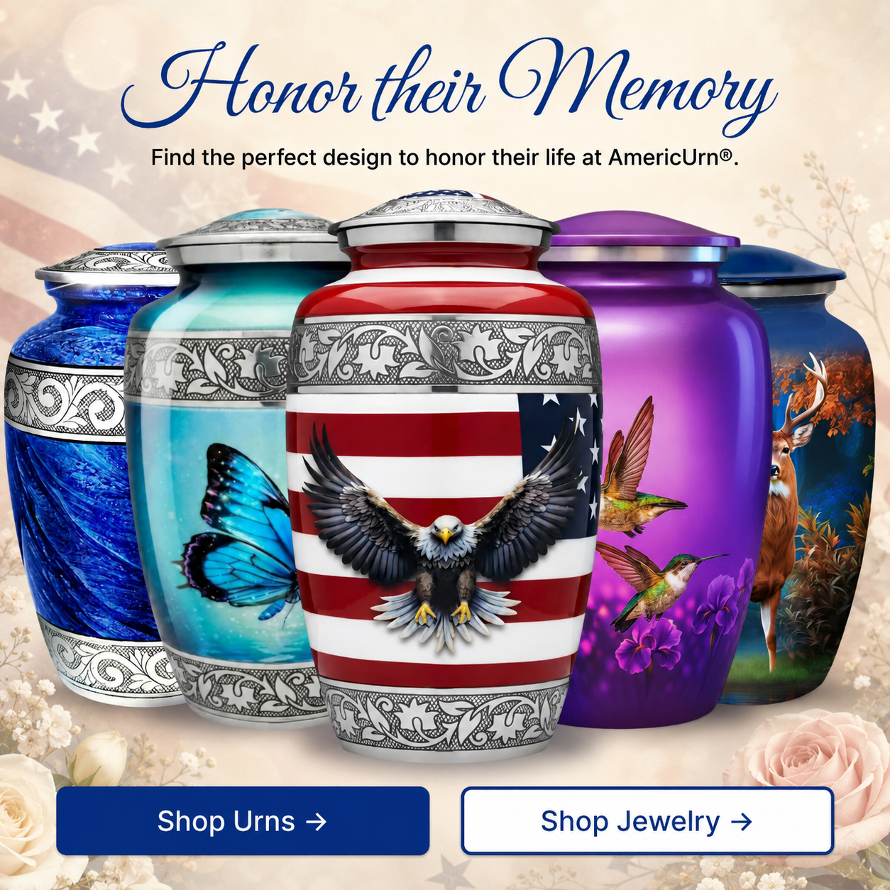 American Flag & Silver Engraved Cremation Urn