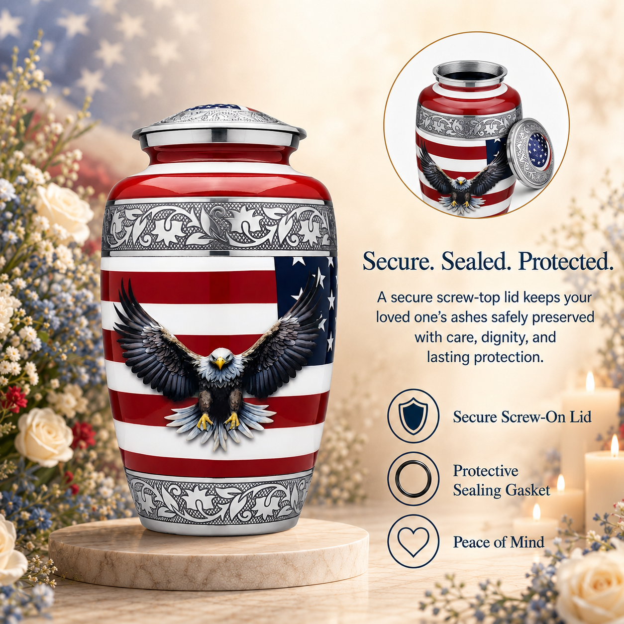 American Flag & Silver Engraved Cremation Urn