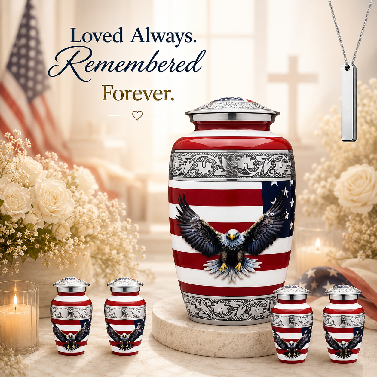 American Flag & Silver Engraved Cremation Urn