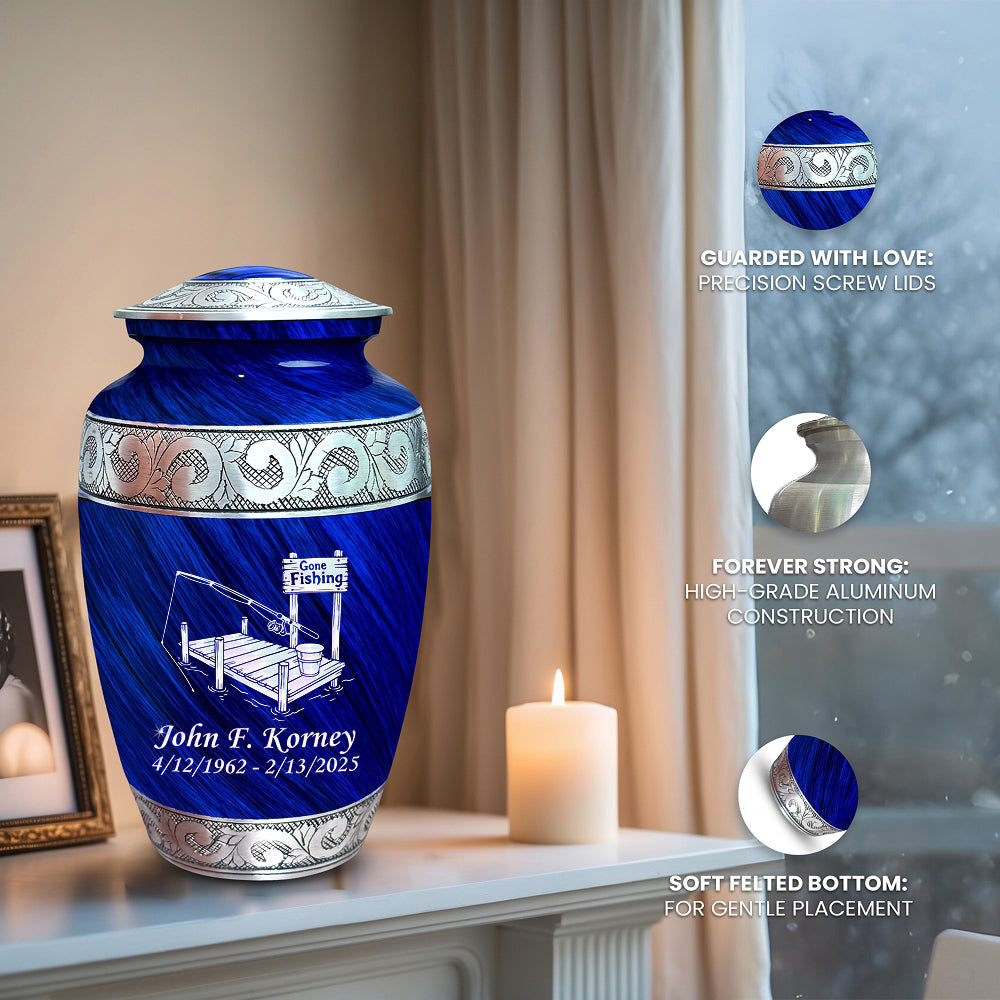 Gone Fishing Dock Engraved Cremation Urn