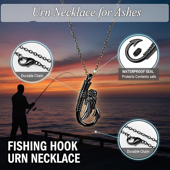 Black Fish-Hook Angel Wing Keepsake Necklace