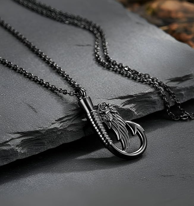 Black Fish-Hook Angel Wing Keepsake Necklace