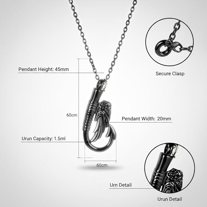 Black Fish-Hook Angel Wing Keepsake Necklace