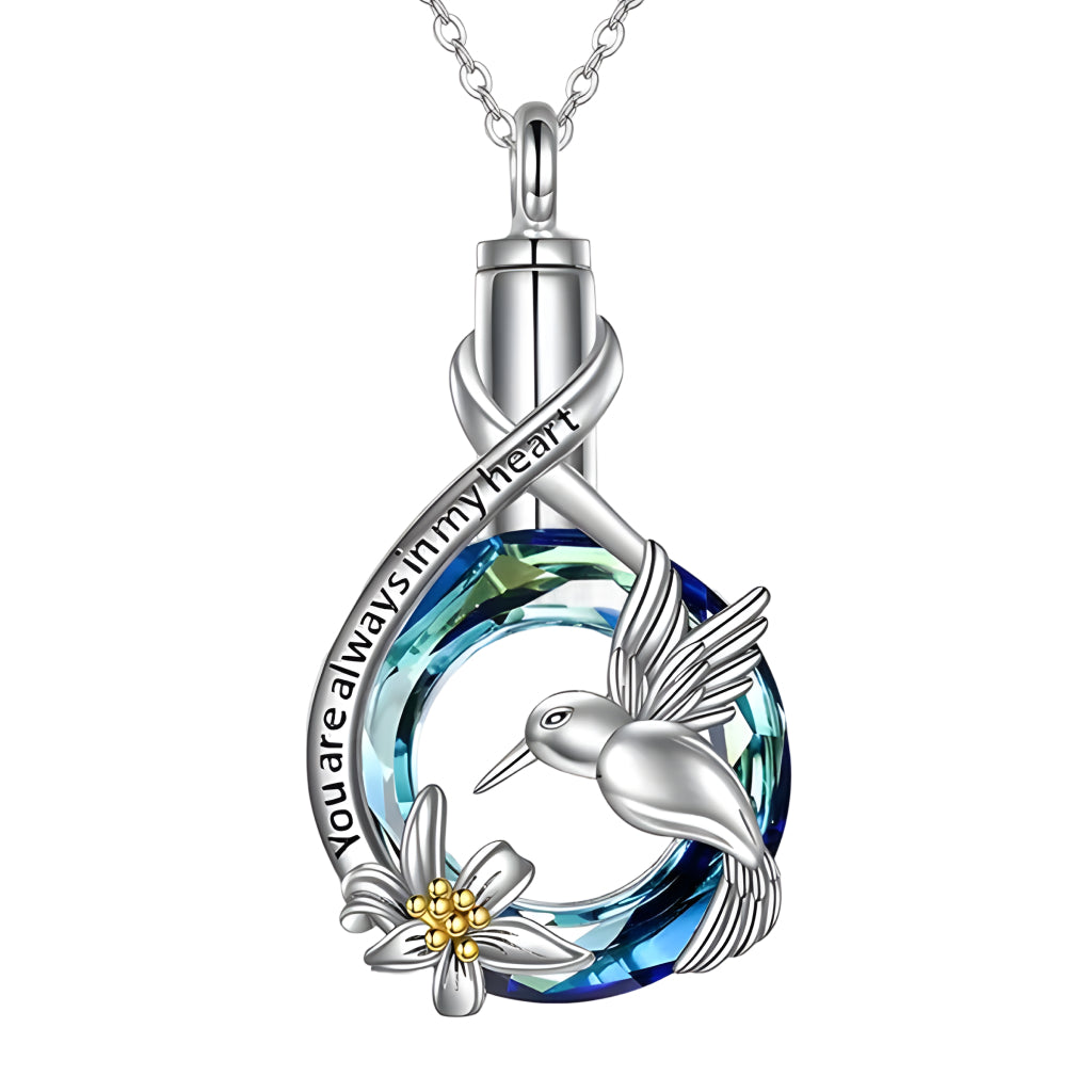 Blue Heart Hummingbird & Rose Keepsake Necklace