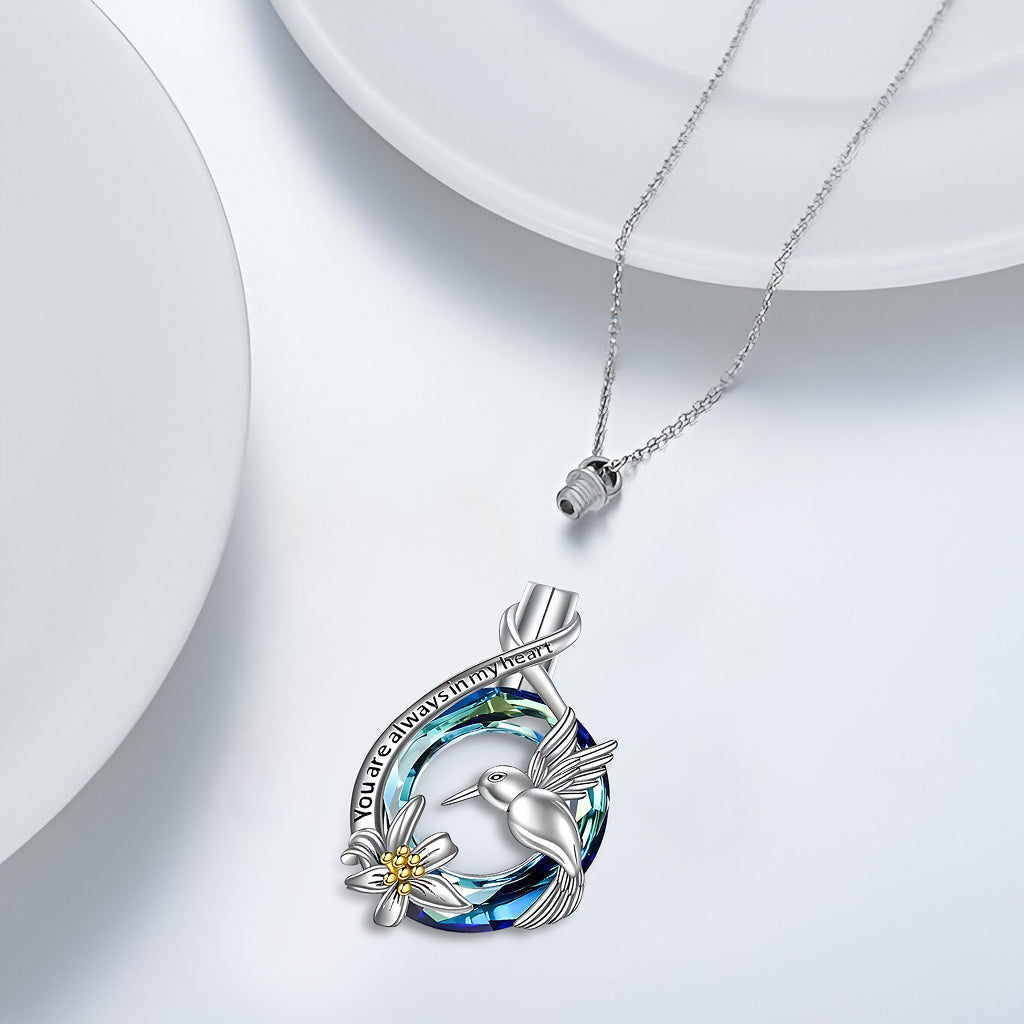 Blue Heart Hummingbird & Rose Keepsake Necklace