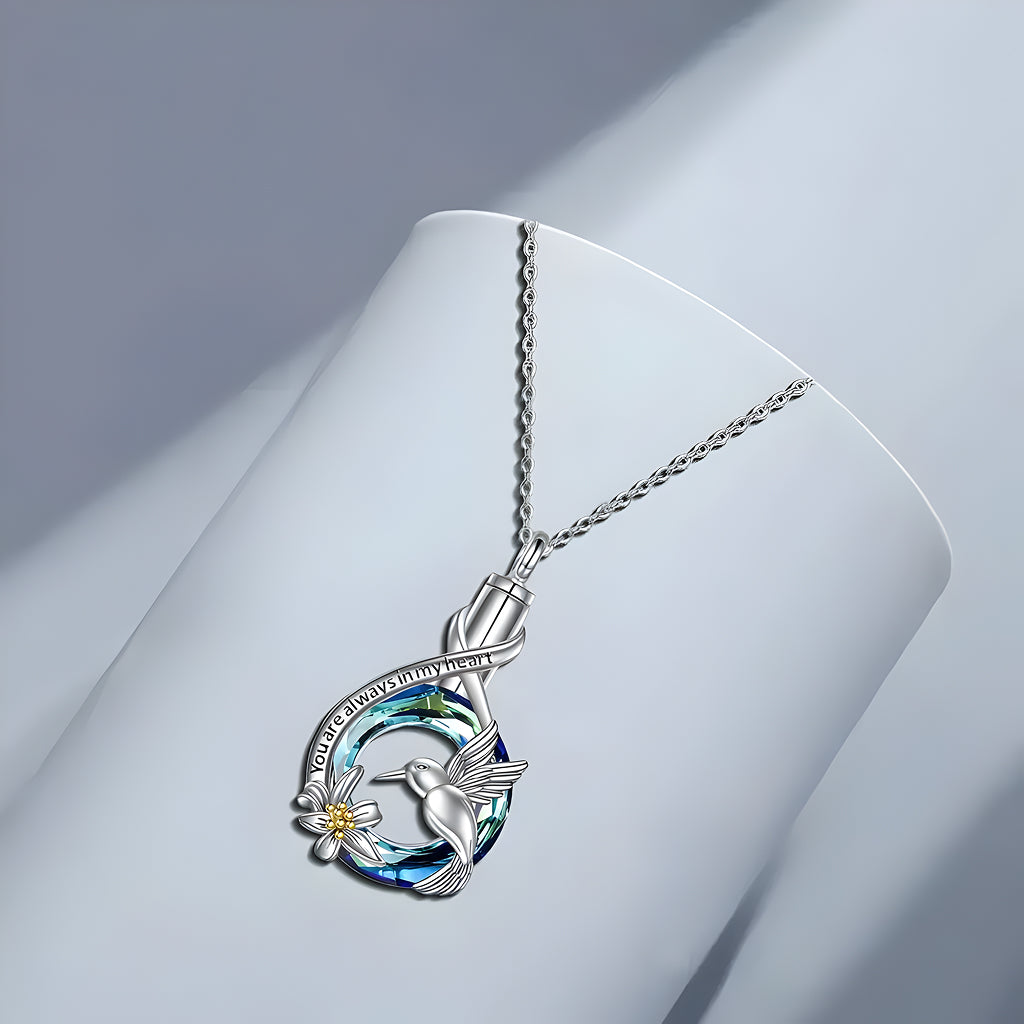 Blue Heart Hummingbird & Rose Keepsake Necklace
