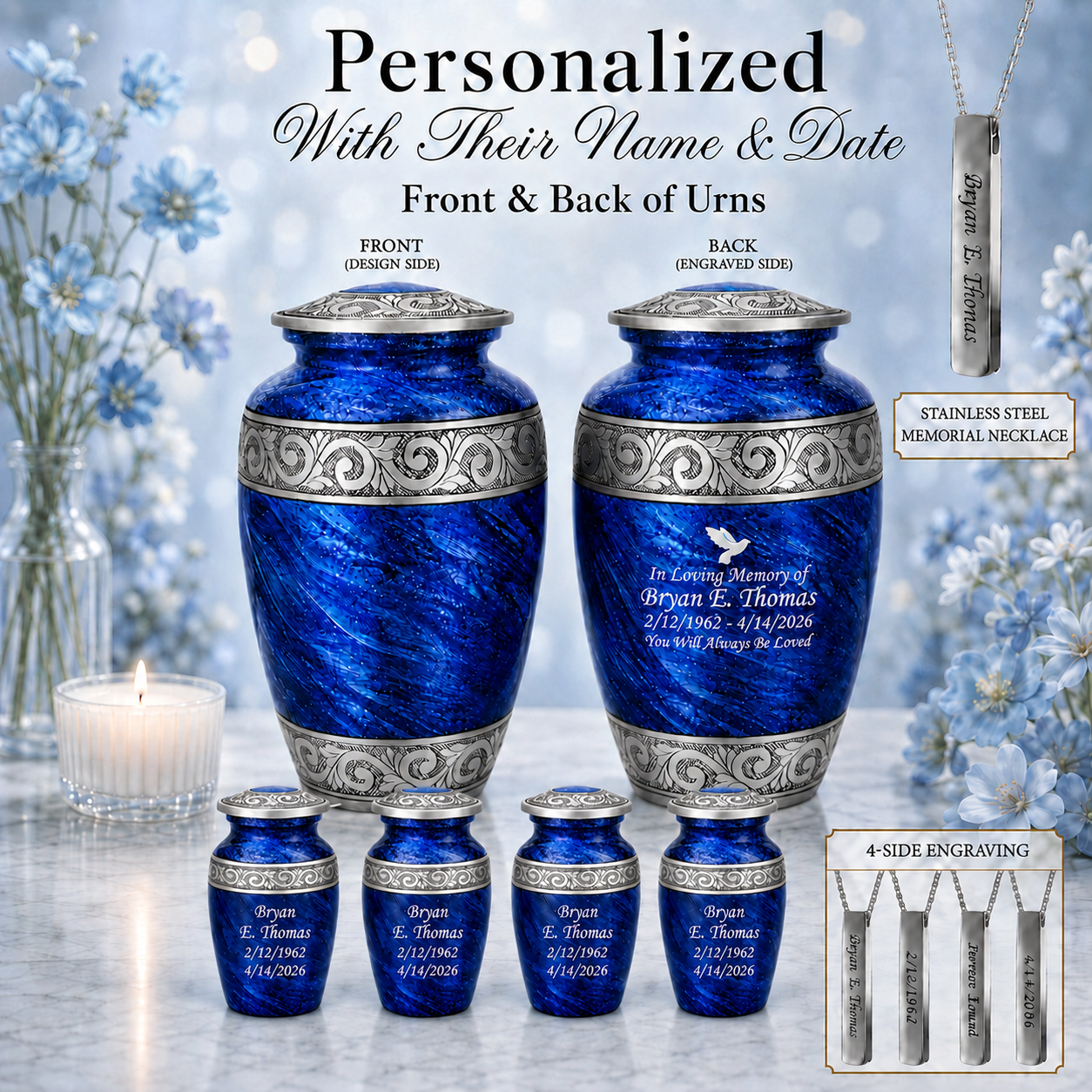 Eternal Blue & Silver Hand-Engraved Cremation Urn
