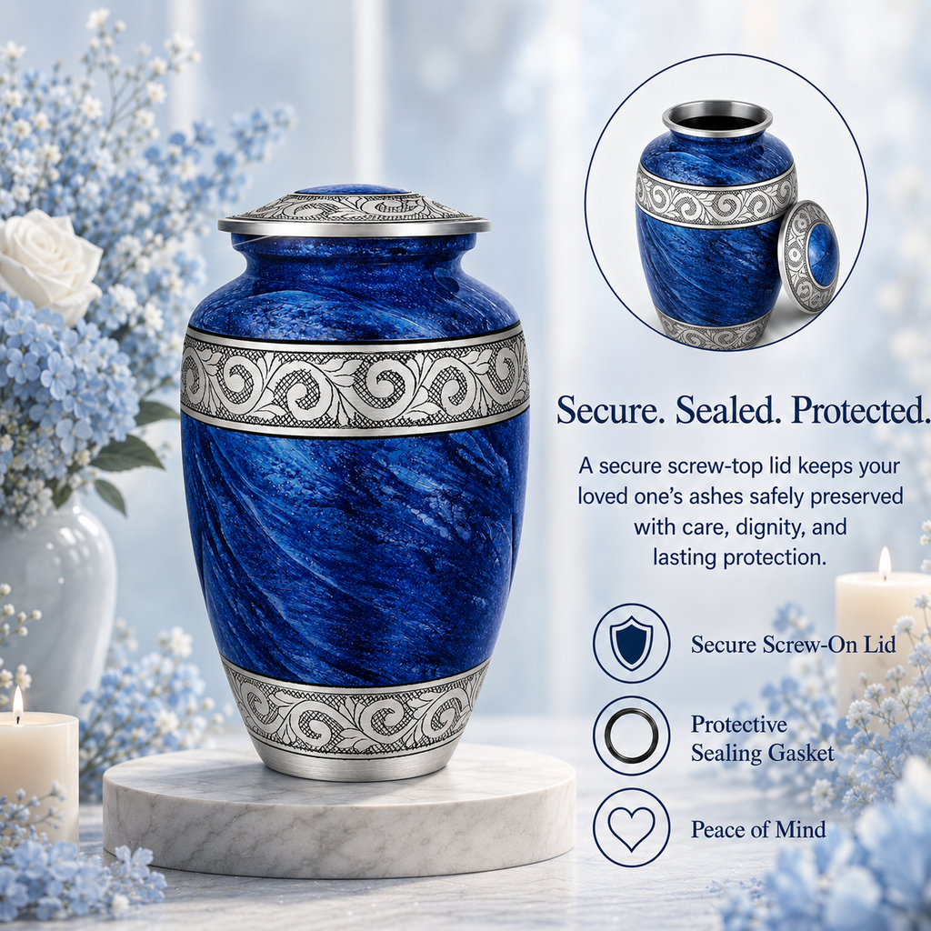Eternal Blue & Silver Hand-Engraved Cremation Urn