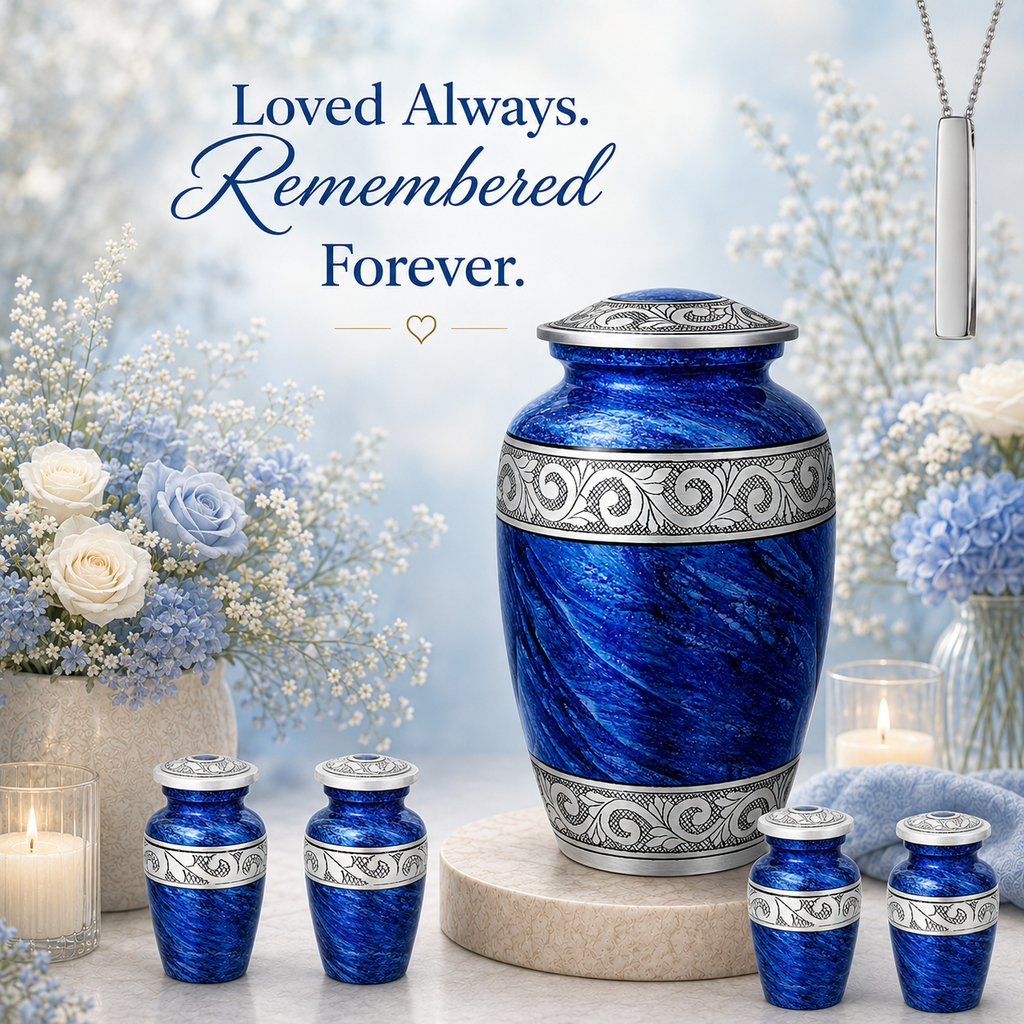 Eternal Blue & Silver Hand-Engraved Cremation Urn