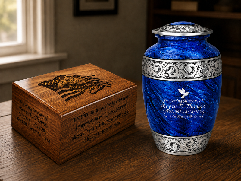 Two customized urns, engraved with a name, dates, and a personal message