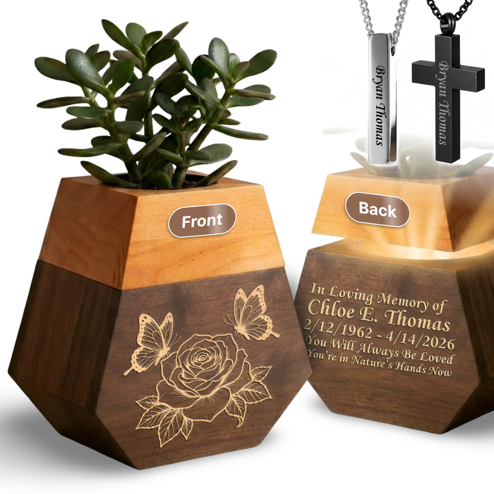 Wooden Plant Cremation Urn with Birds & Flowers Design for Nature Lovers