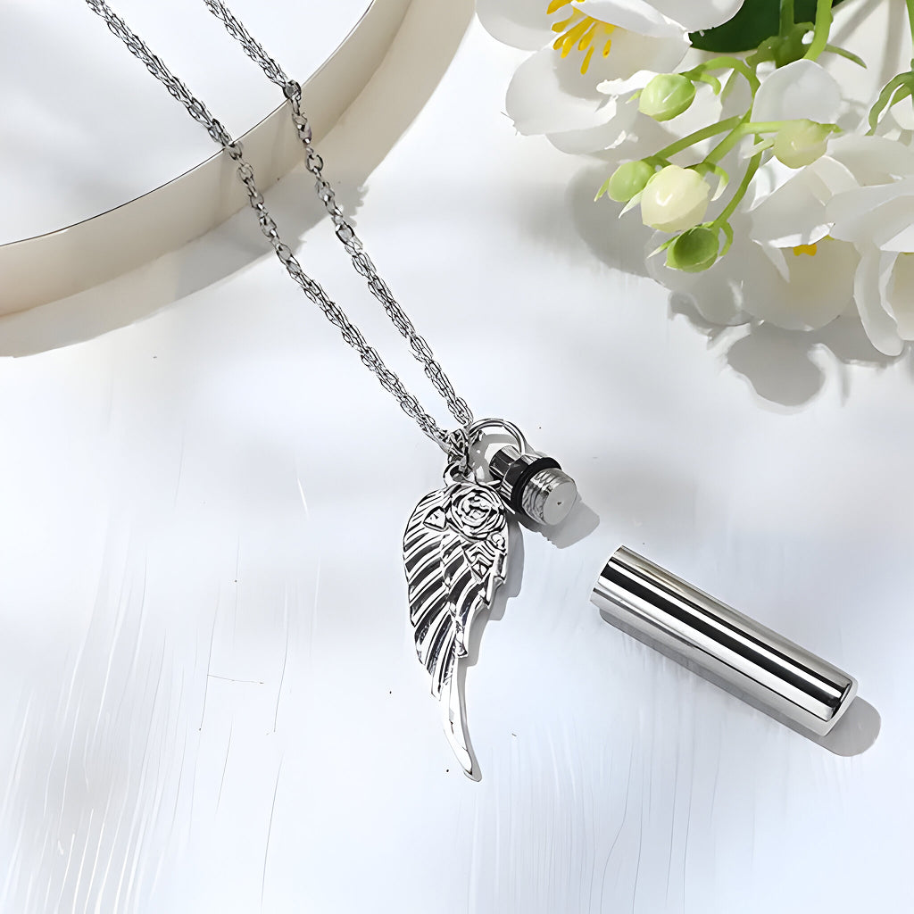 Silver Angel Wing & Cylinder Keepsake Necklace