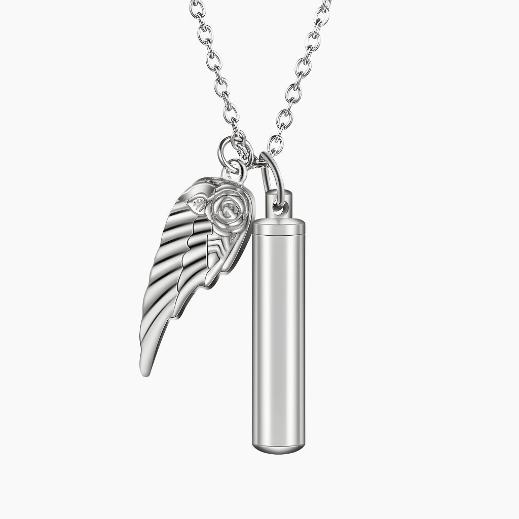 Silver Angel Wing & Cylinder Keepsake Necklace