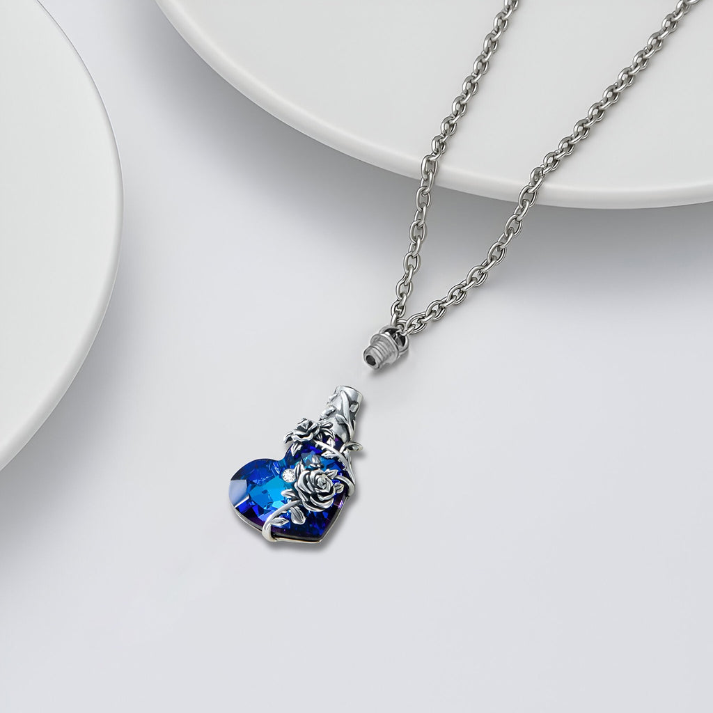 Blue Heart Rose Vine Keepsake Necklace