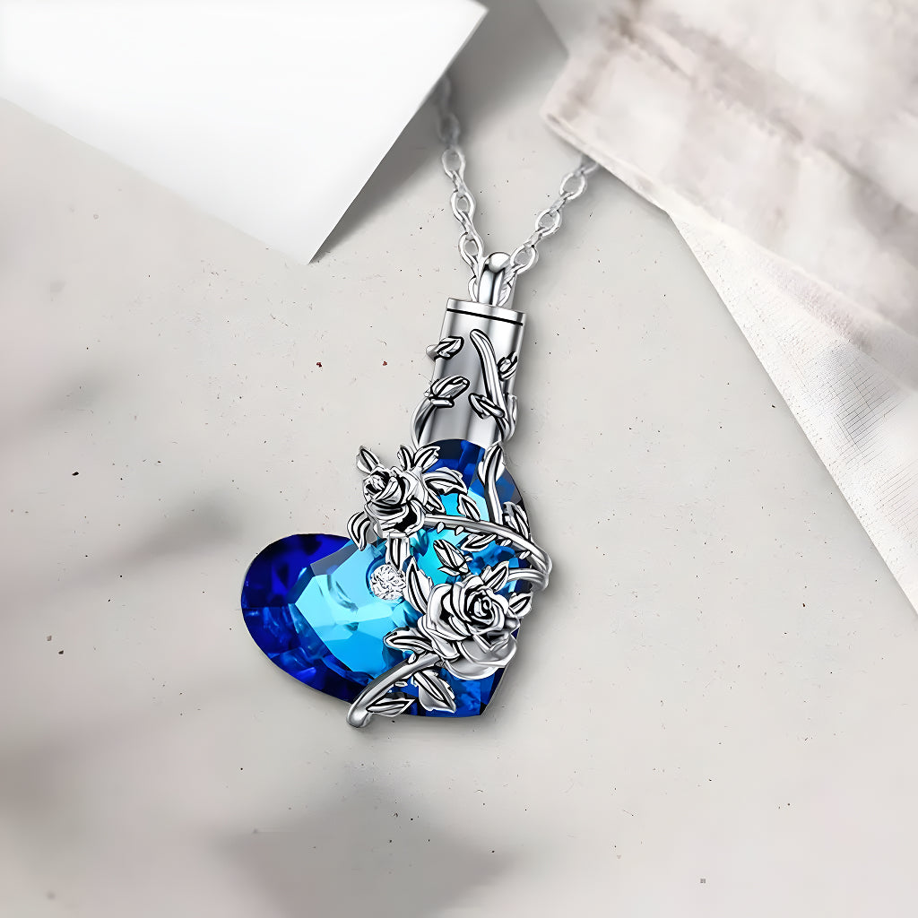 Blue Heart Rose Vine Keepsake Necklace