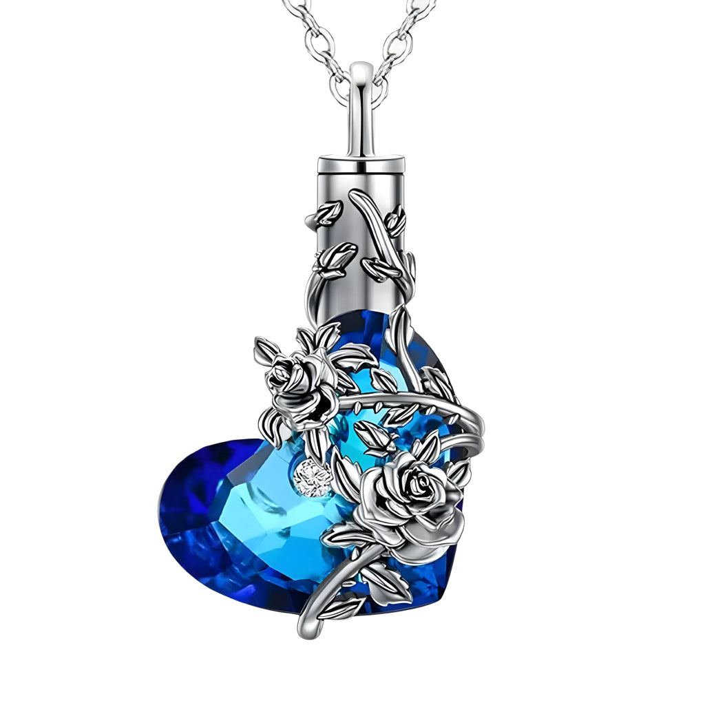 Blue Heart Rose Vine Keepsake Necklace