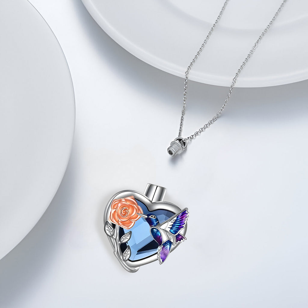 Blue Heart Hummingbird & Rose Keepsake Necklace