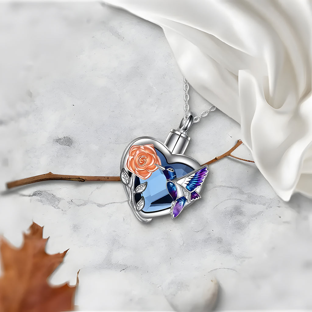 Blue Heart Hummingbird & Rose Keepsake Necklace
