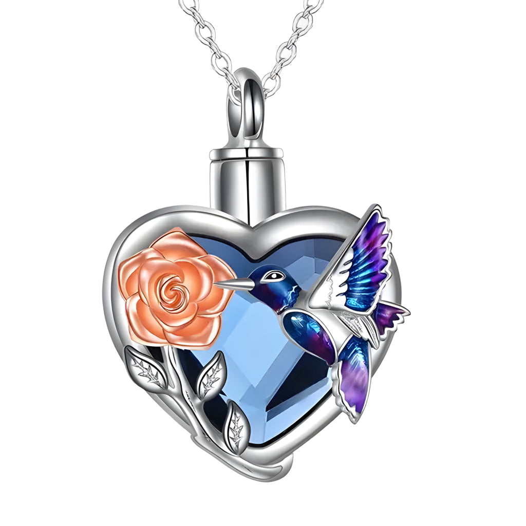 Blue Heart Hummingbird & Rose Keepsake Necklace