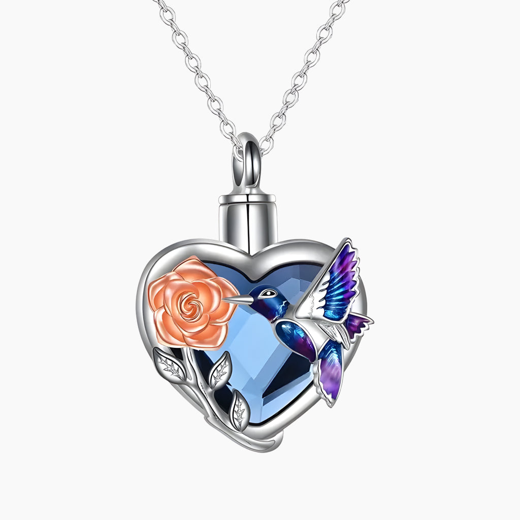 Blue Heart Hummingbird & Rose Keepsake Necklace