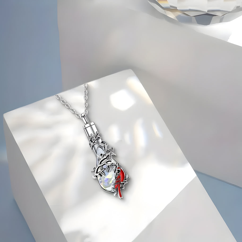 Teardrop Cardinal & Vine Keepsake Necklace