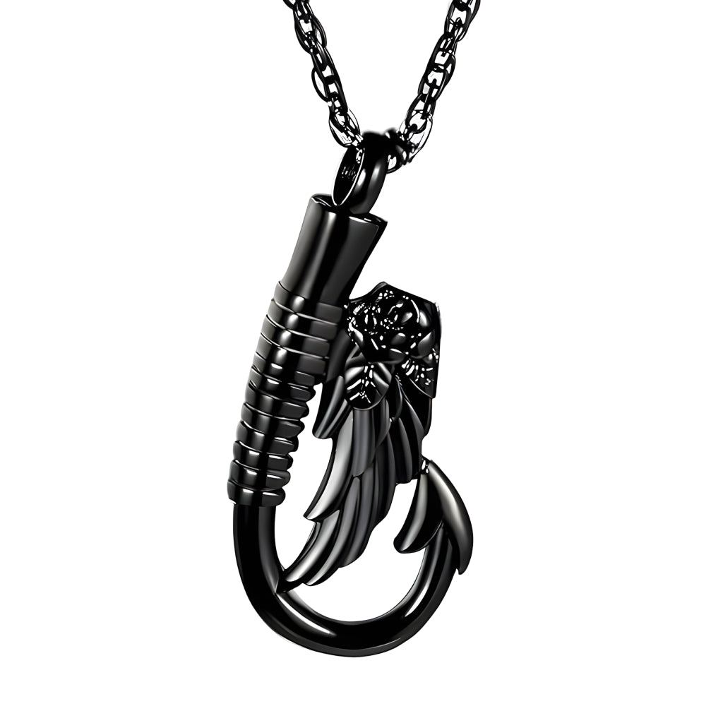Black Fish-Hook Angel Wing Keepsake Necklace