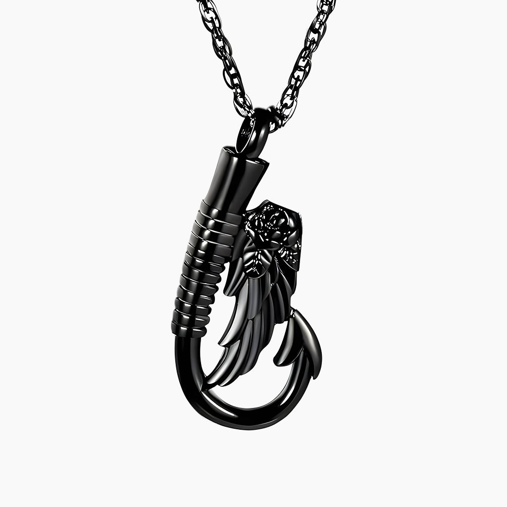 Black Fish-Hook Angel Wing Keepsake Necklace