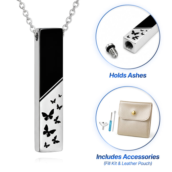 Minimalistic Bar Cremation Necklace - Silver Black Butterfly