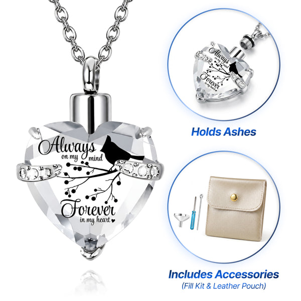 Eternal Bird Crystal Heart Cremation Necklace - Silver