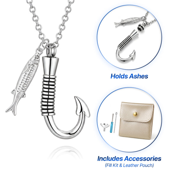 Fish-Hook Keepsake Necklace - Hook w/ Fish Charm (Silver)