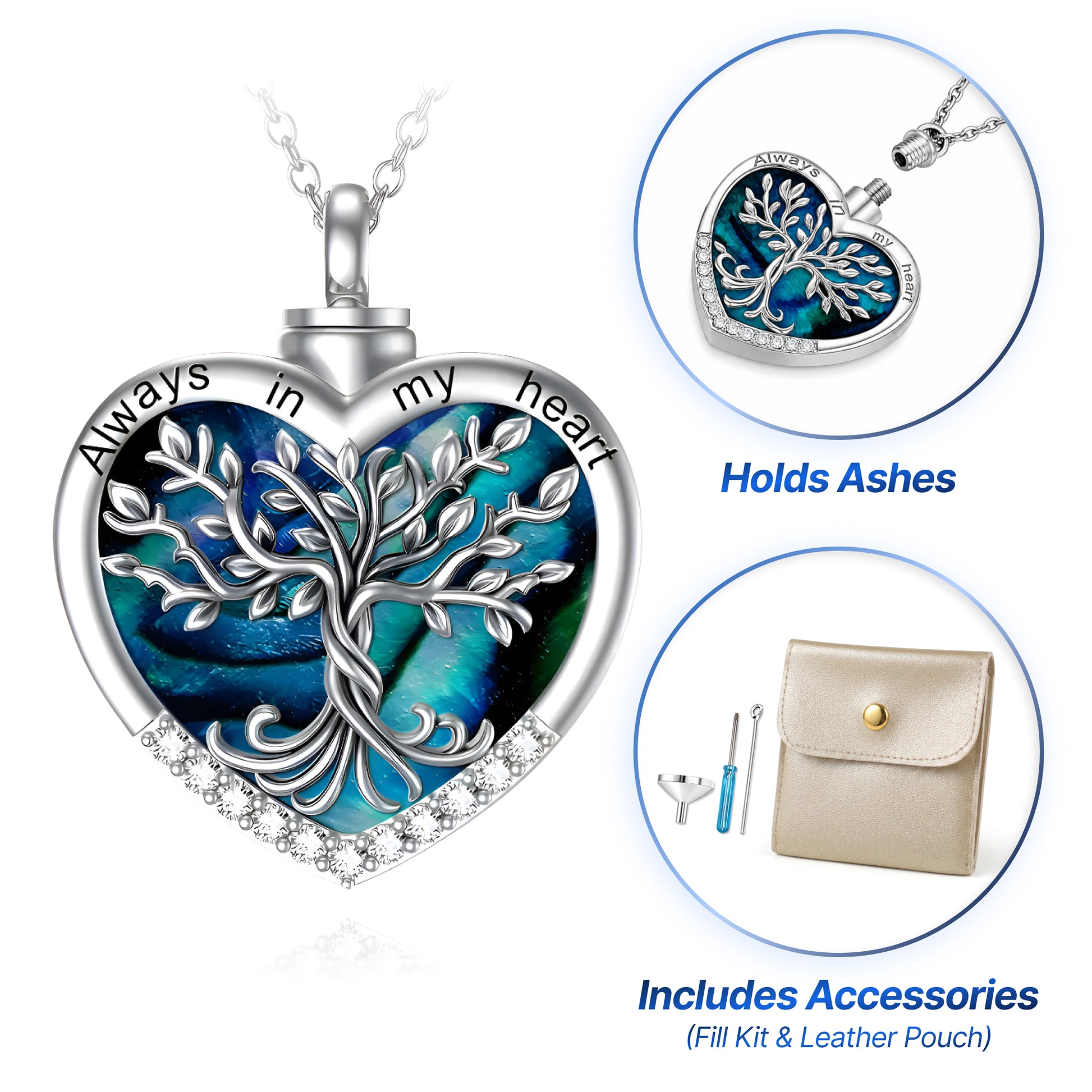 Engraved Blue Heart Tree‑of‑Life Keepsake Necklace