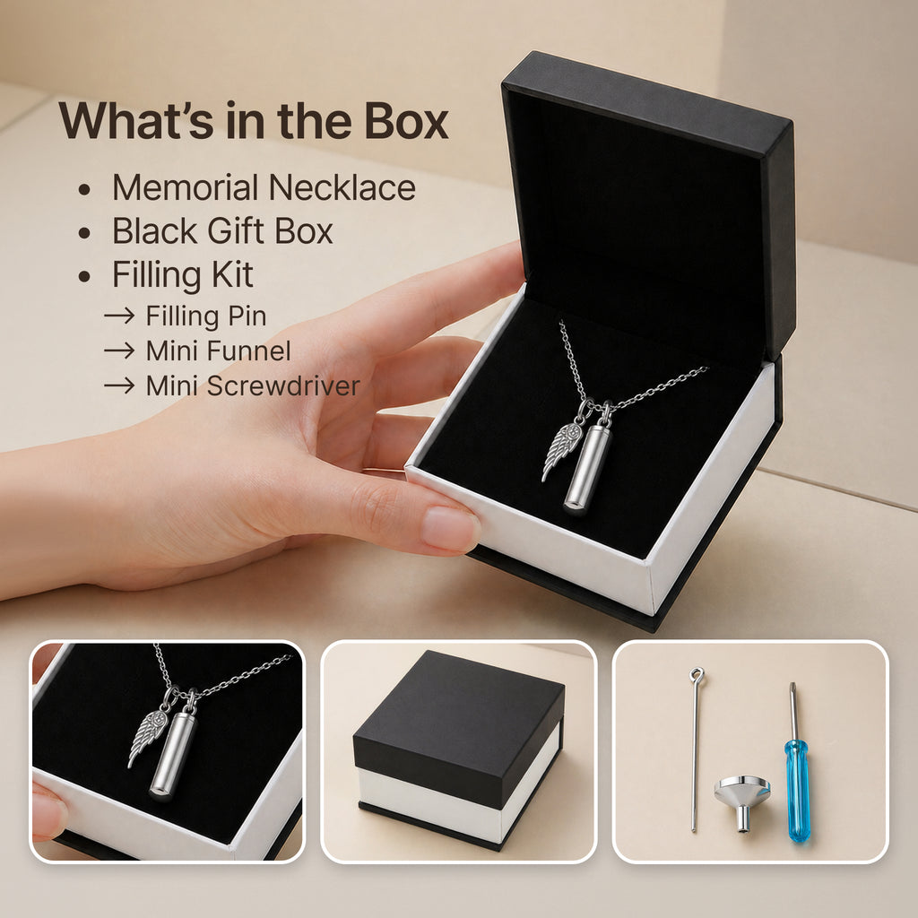 Premium Silver Angel Wing & Cylinder Keepsake Necklace