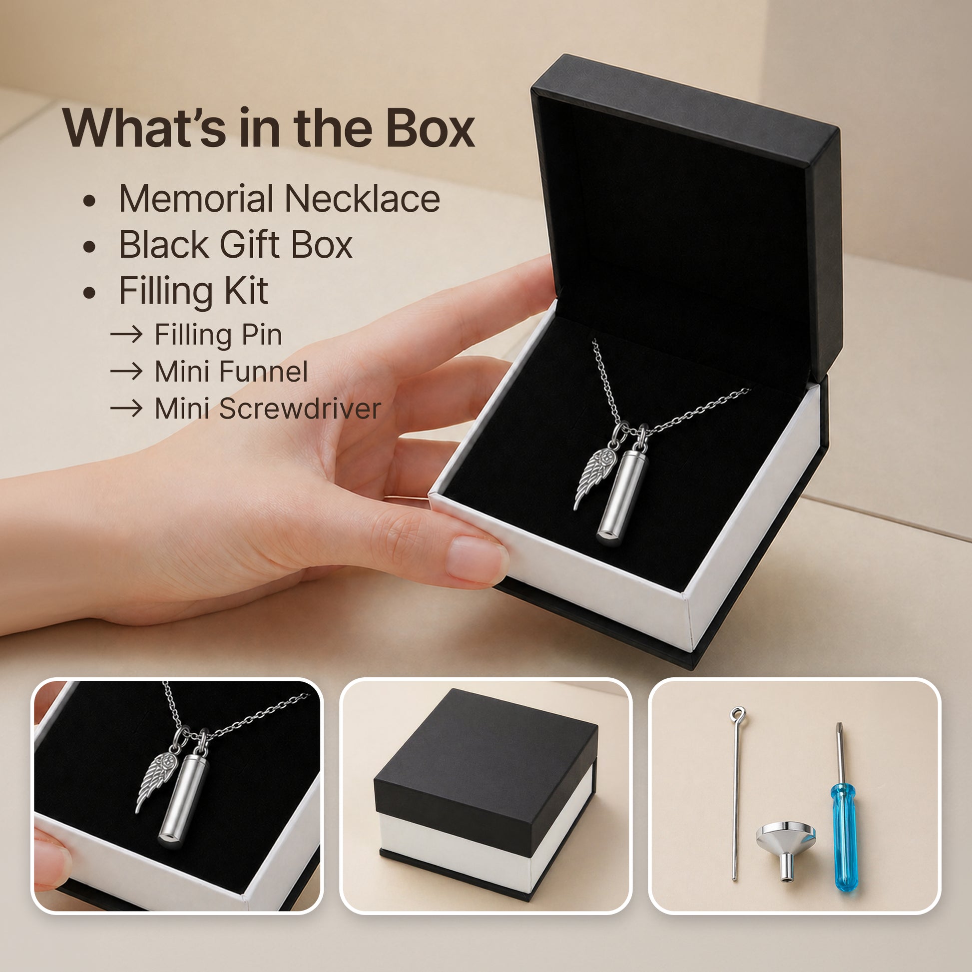 Premium Silver Angel Wing & Cylinder Keepsake Necklace