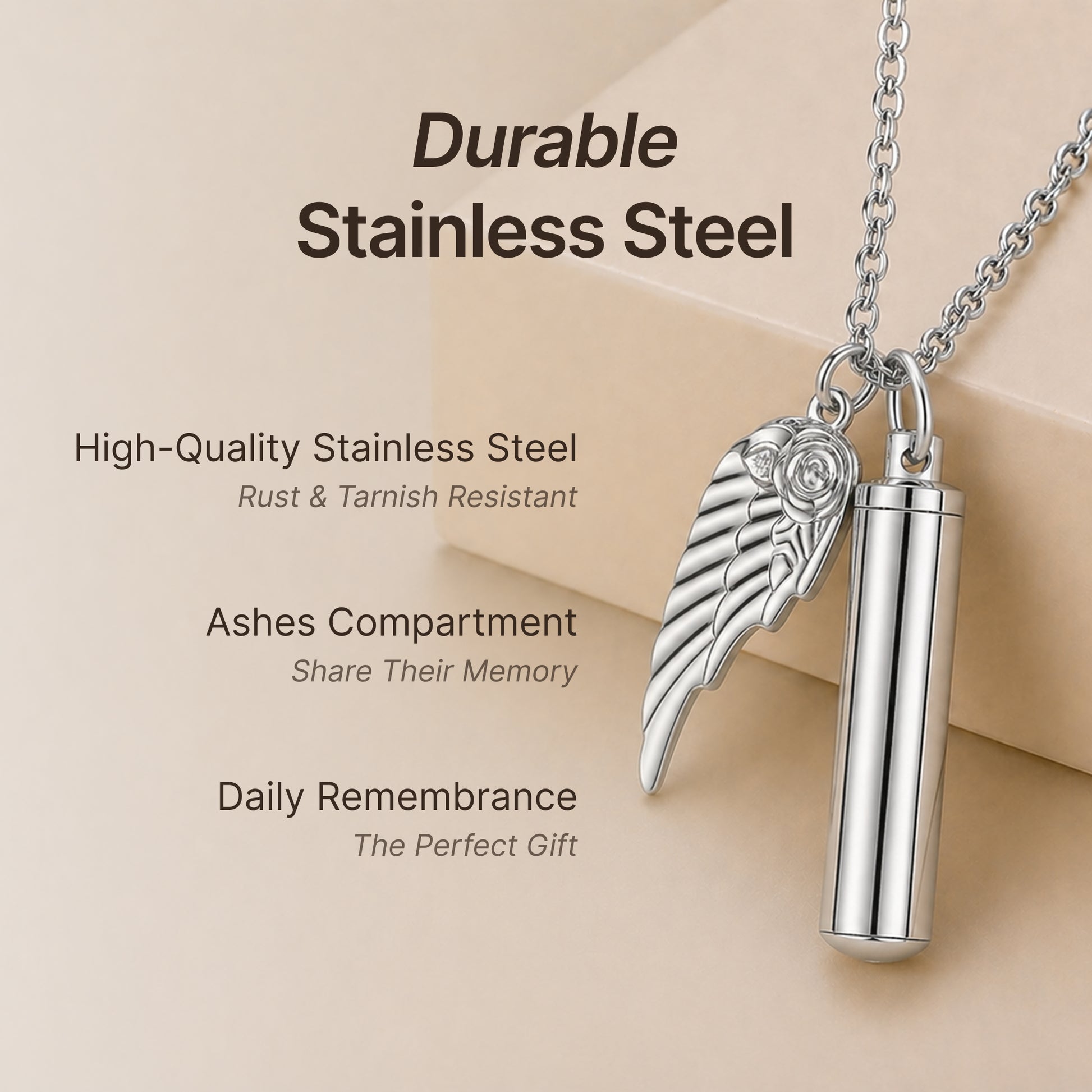 Premium Silver Angel Wing & Cylinder Keepsake Necklace