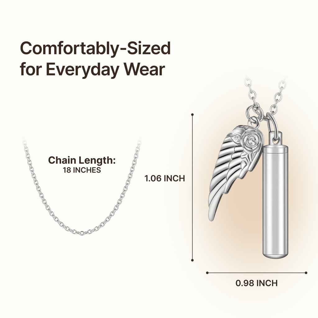 Premium Silver Angel Wing & Cylinder Keepsake Necklace