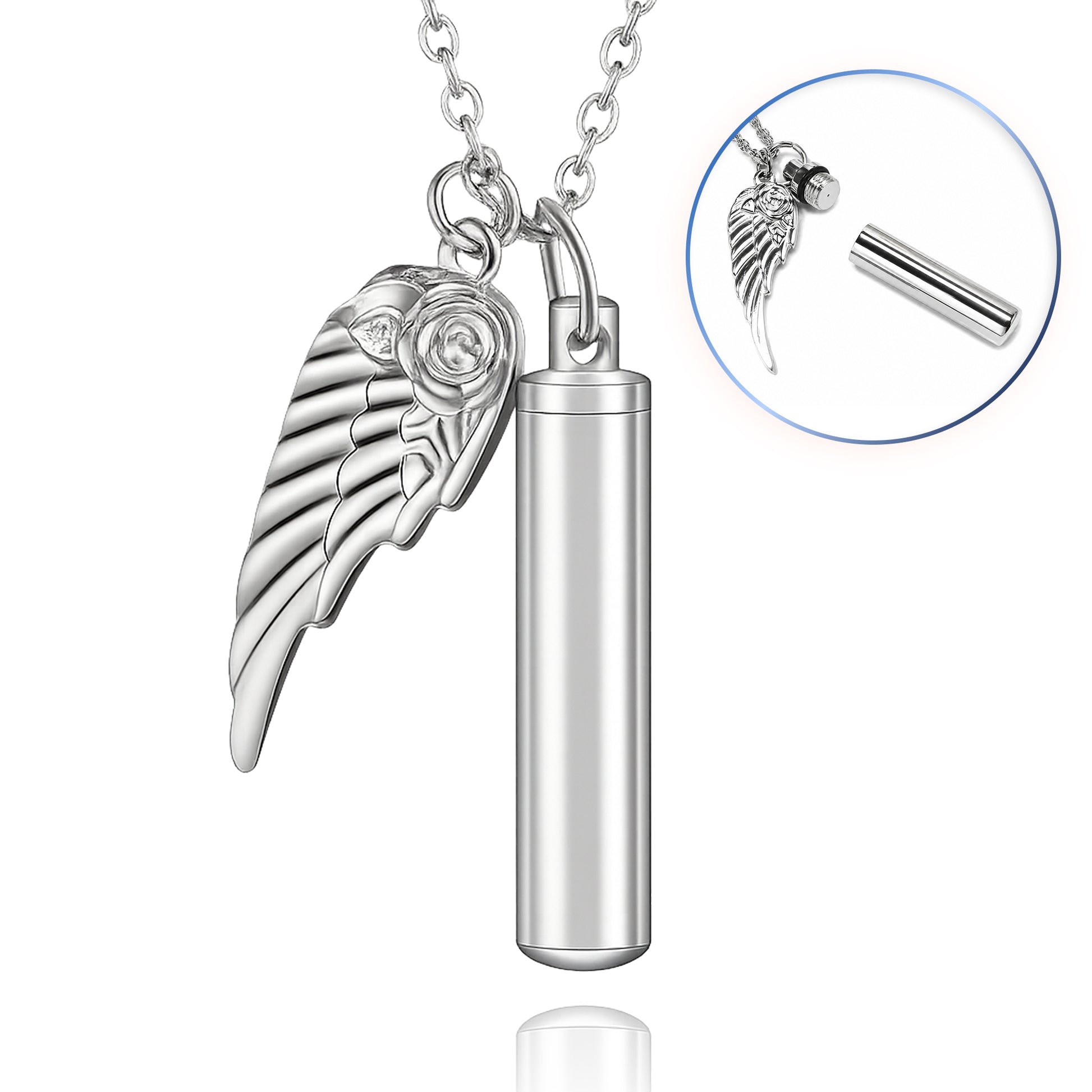 Premium Silver Angel Wing & Cylinder Keepsake Necklace