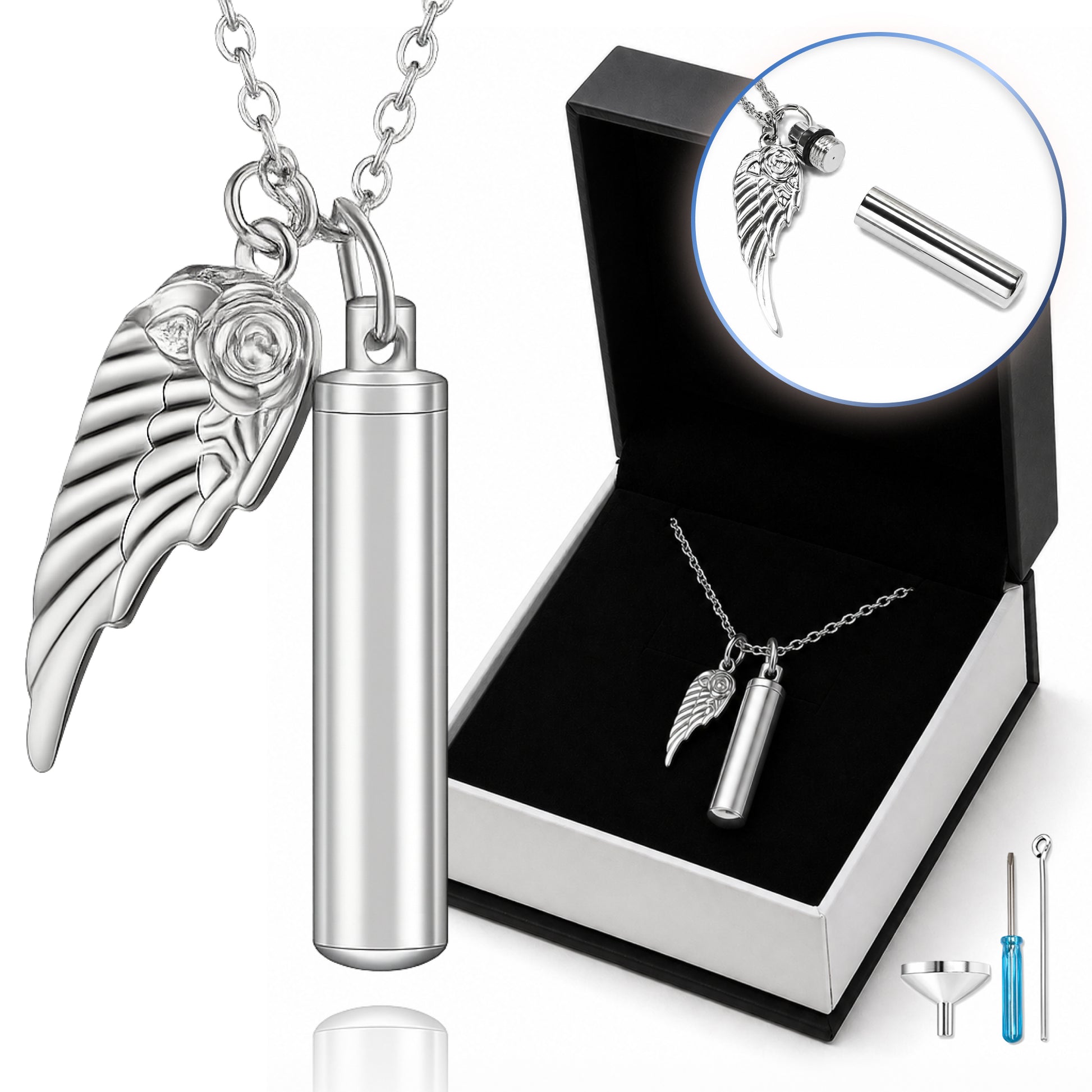 Premium Silver Angel Wing & Cylinder Keepsake Necklace